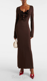 Floral-appliqué jersey maxi dress in brown