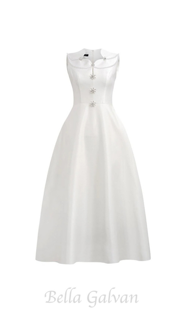 PEARL EMBELLISHED A LINE MIDI DRESS IN WHITE