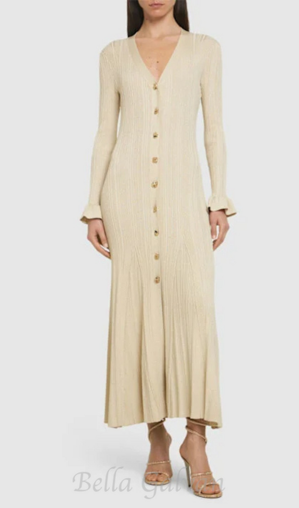 Ribbed viscose lamé midi dress in beige