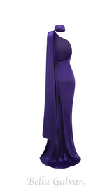 satin wrap halter gown with flower in purple