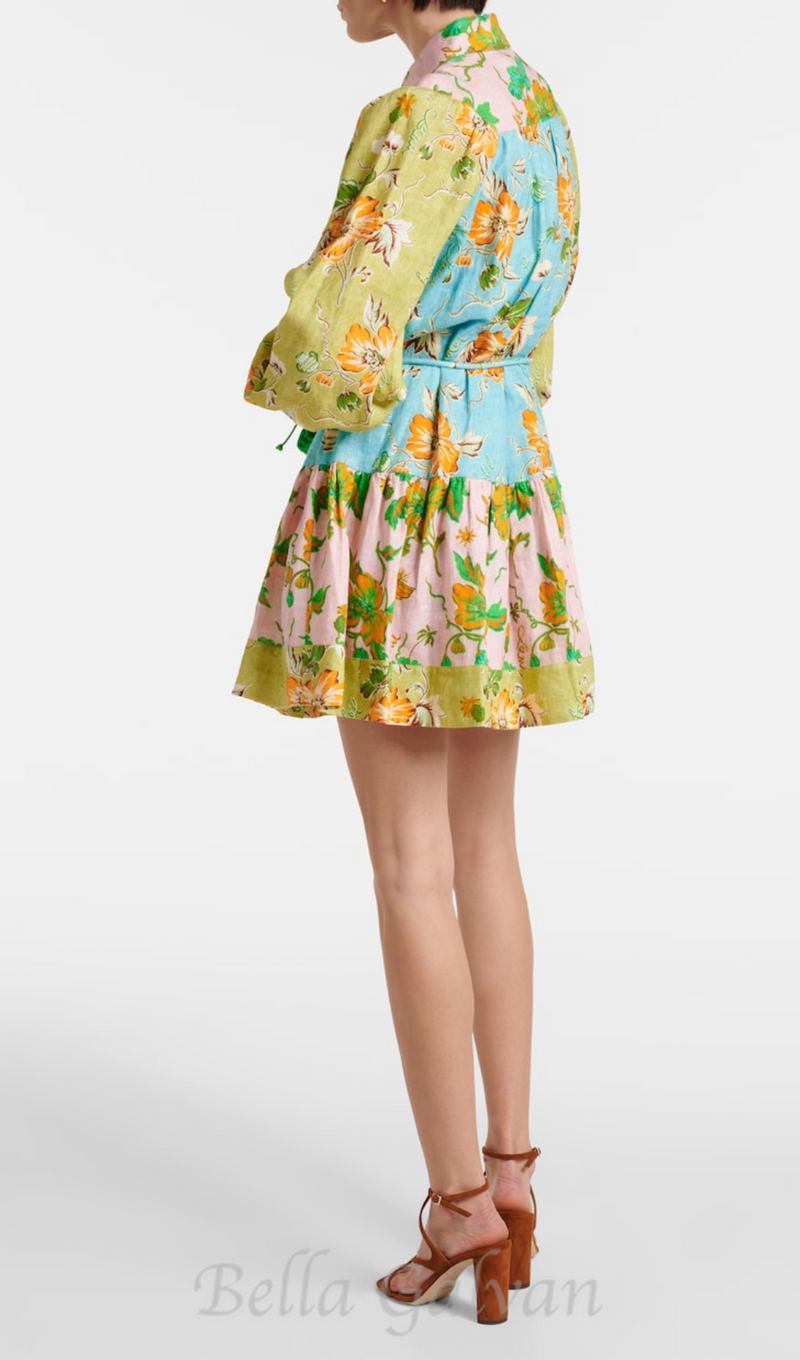 DONNA PRINTED COLORBLOCKED LINEN SHIRT DRESS