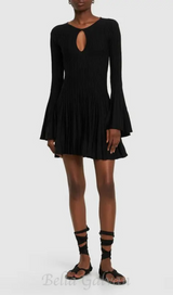 pleated wool knit long sleeve mini dress in black