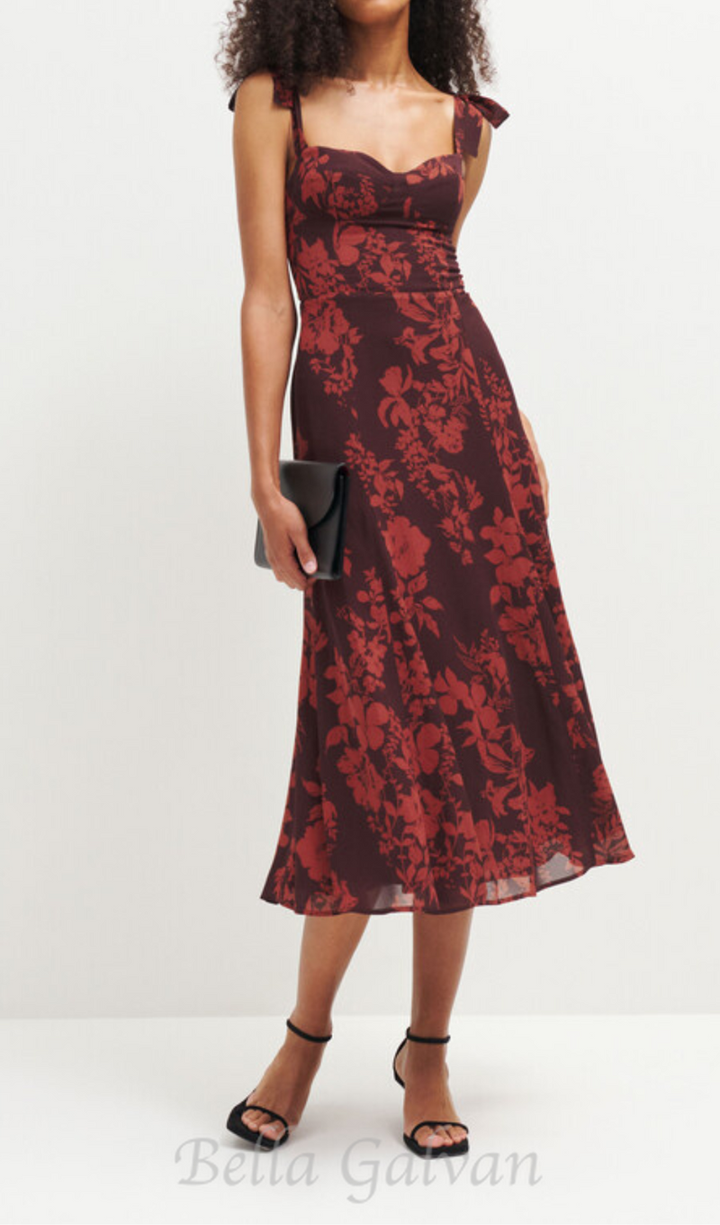 floral print bowknot strap midi dress in burgundy