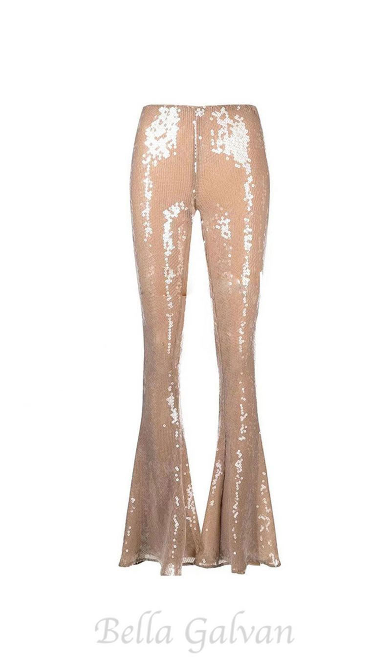 BEATRICE SEQUIN FLARED TROUSERS IN BEIGE