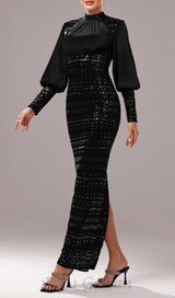 sequin long sleeve maxi dress in black