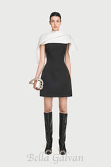 A-line black mini dress with asymmetrical shoulder pleat