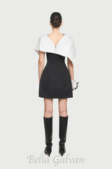 A-line black mini dress with asymmetrical shoulder pleat