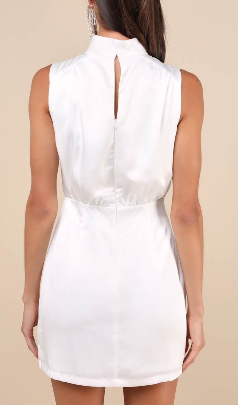 White Satin Sleeveless Mock Neck Mini Dress