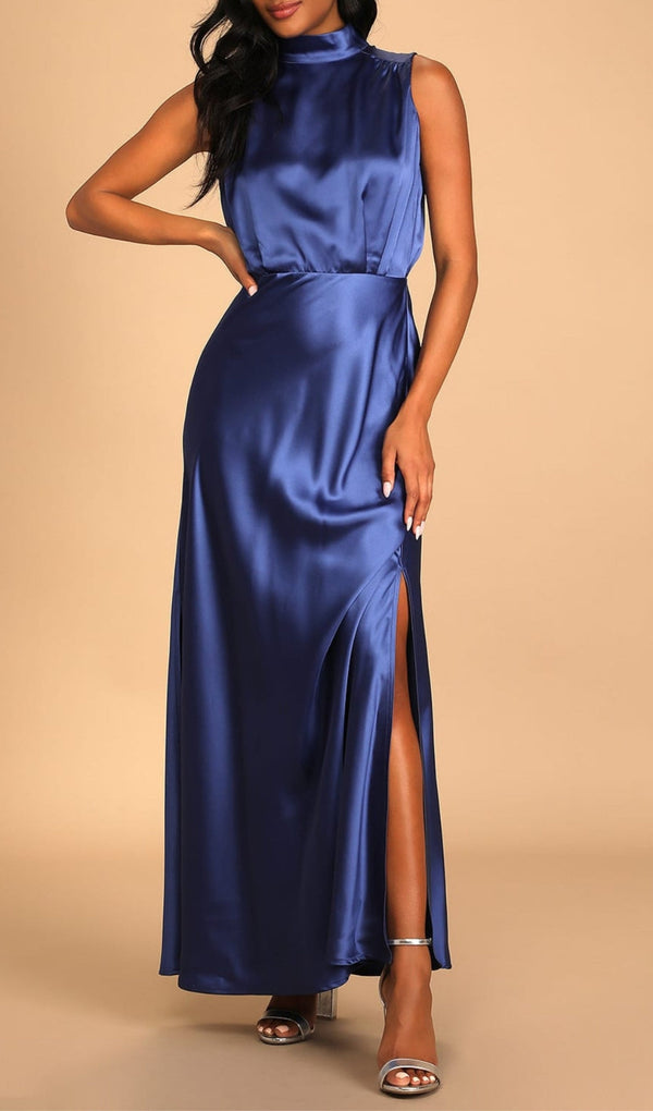 Blue Satin Sleeveless Mock Neck Maxi Dress