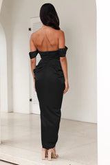 strapless satin midi dress in black