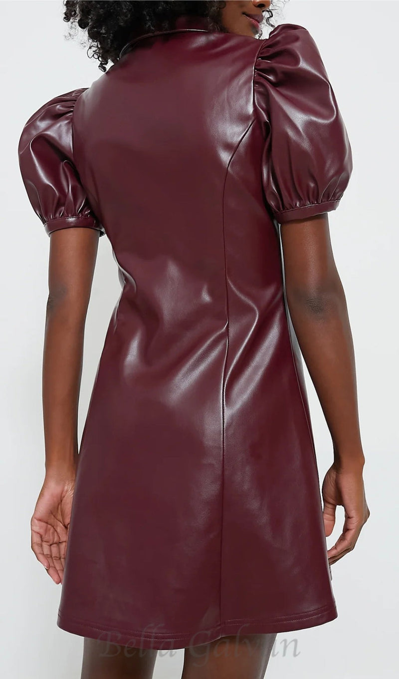 BURGUNDY FRONT ZIP FAUX LEATHER MINI DRESS