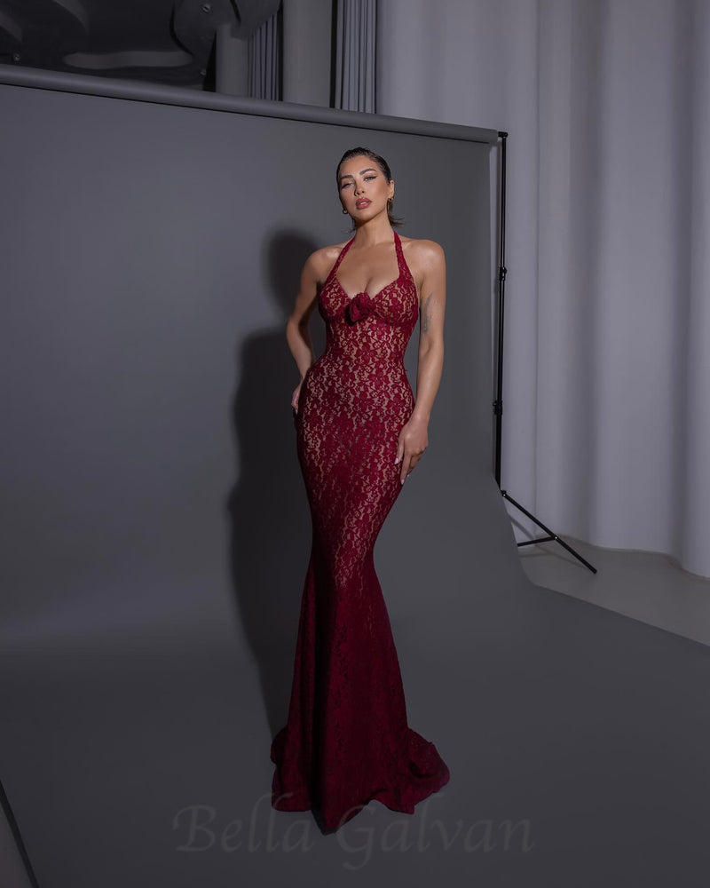 EARTHA HALTER FLORAL LACE MAXI DRESS IN BURGUNDY