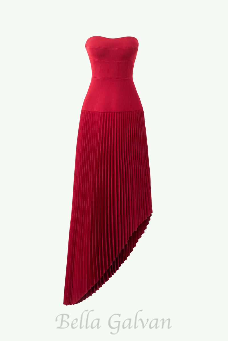 Spaghetti Strap Asymmetric Pleated midi Dress in red