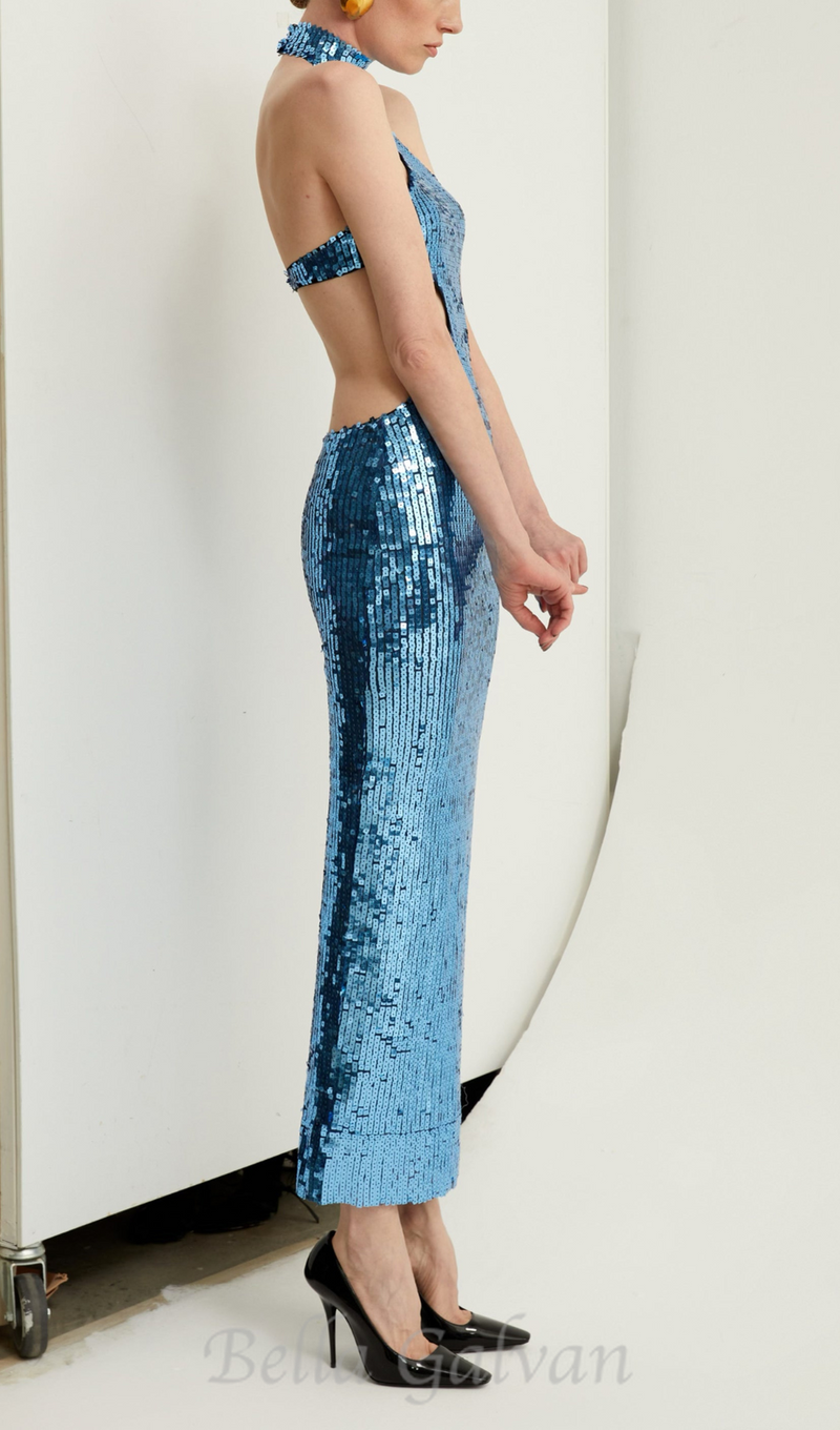 SHARON SEQUIN HALTER MAXI DRESS IN CERULEAN BLUE