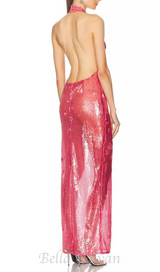 ZORA SHEER SEQUIN DEEP V NECK GOWN IN PINK RED