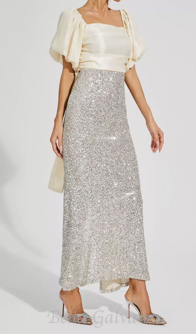 MARIA APRICOT BOW SEQUINS EMBELLISHED MAXI DRESS