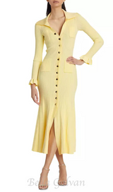 Rib-Knit Fluted Midi Shirt dress in yellow