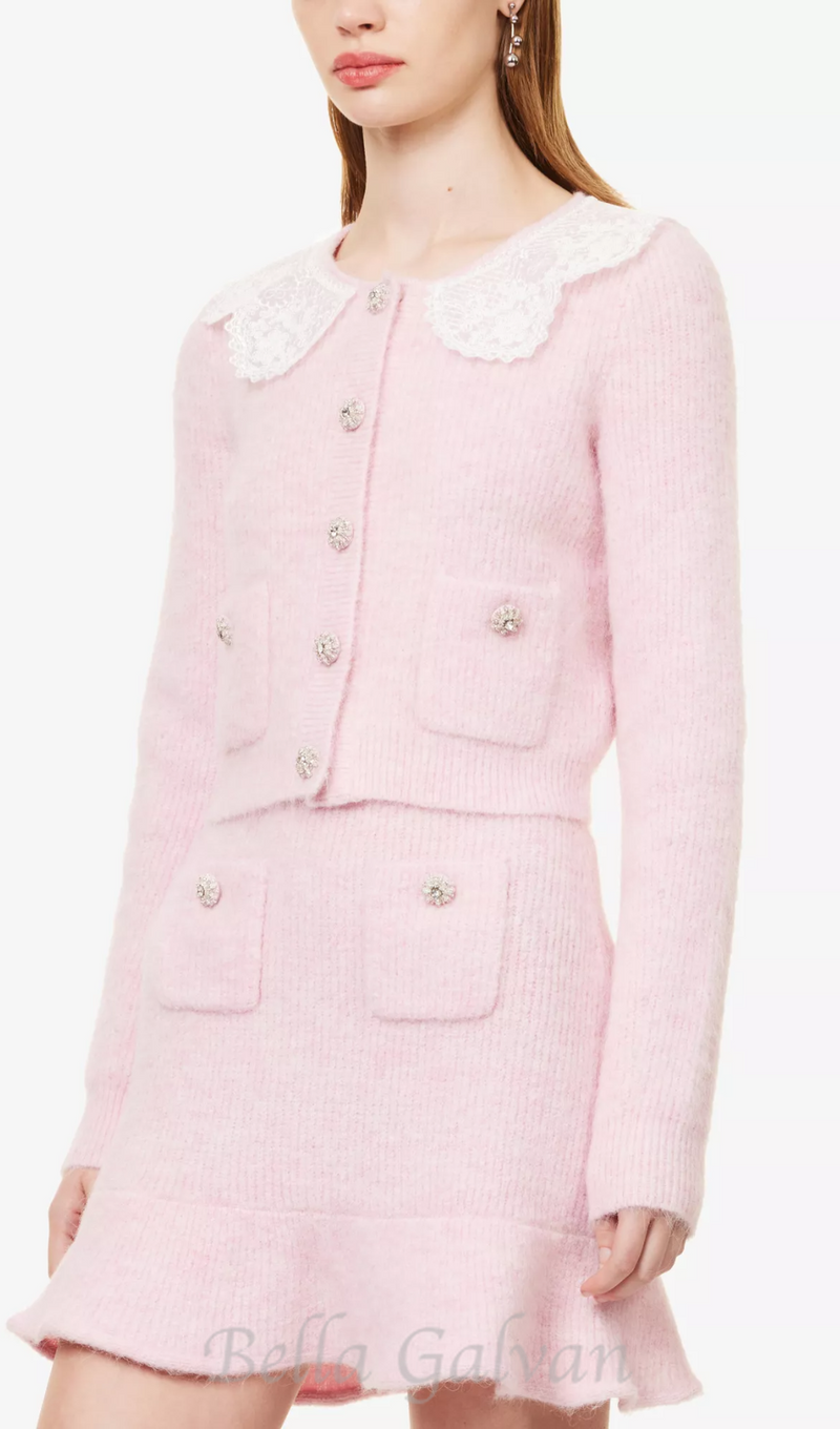 Fluffy ribbed-knit stretch-woven blend cardigan in pink