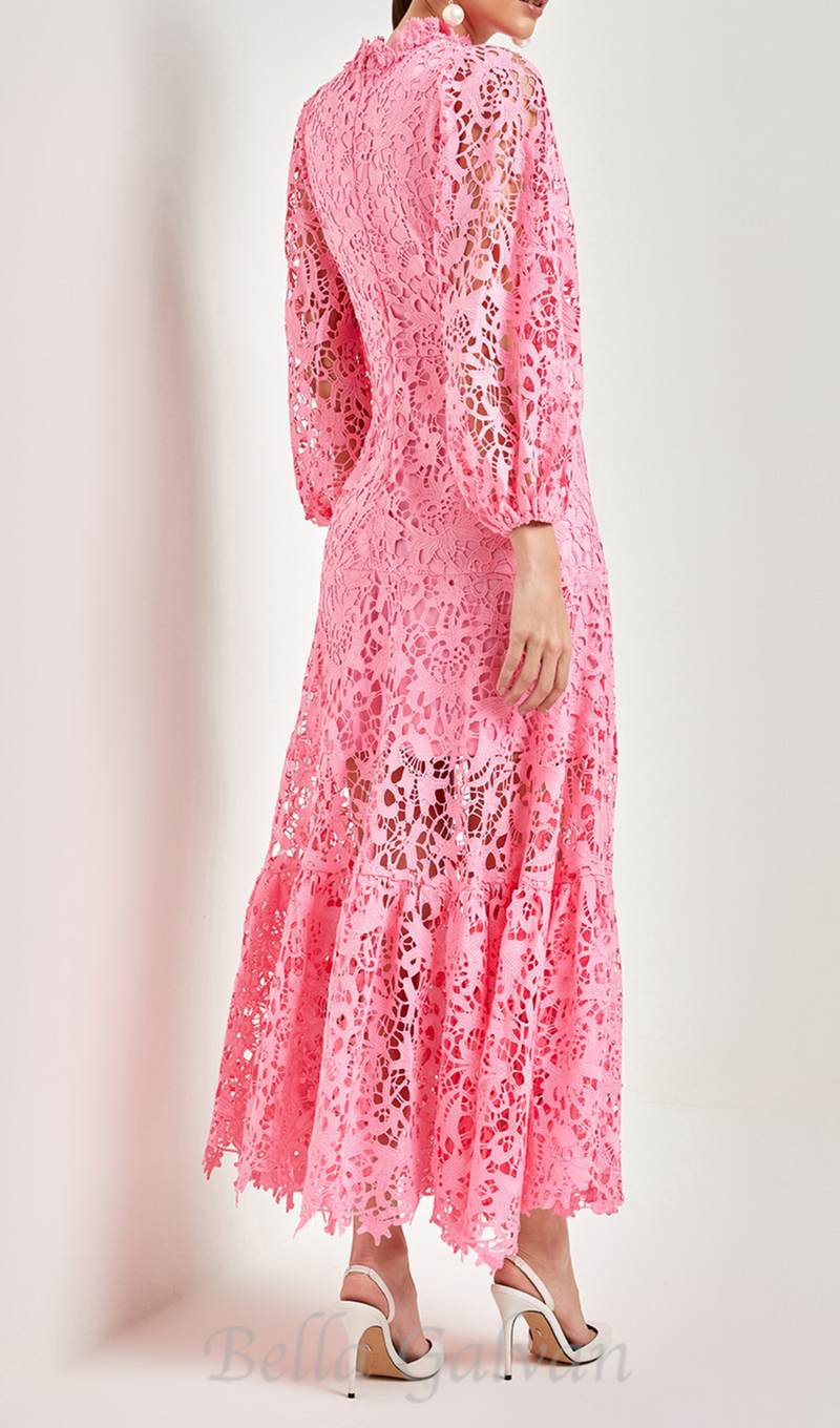 TARA PINK LACE EMBROIDERED LONG SLEEVE MIDI DRESS