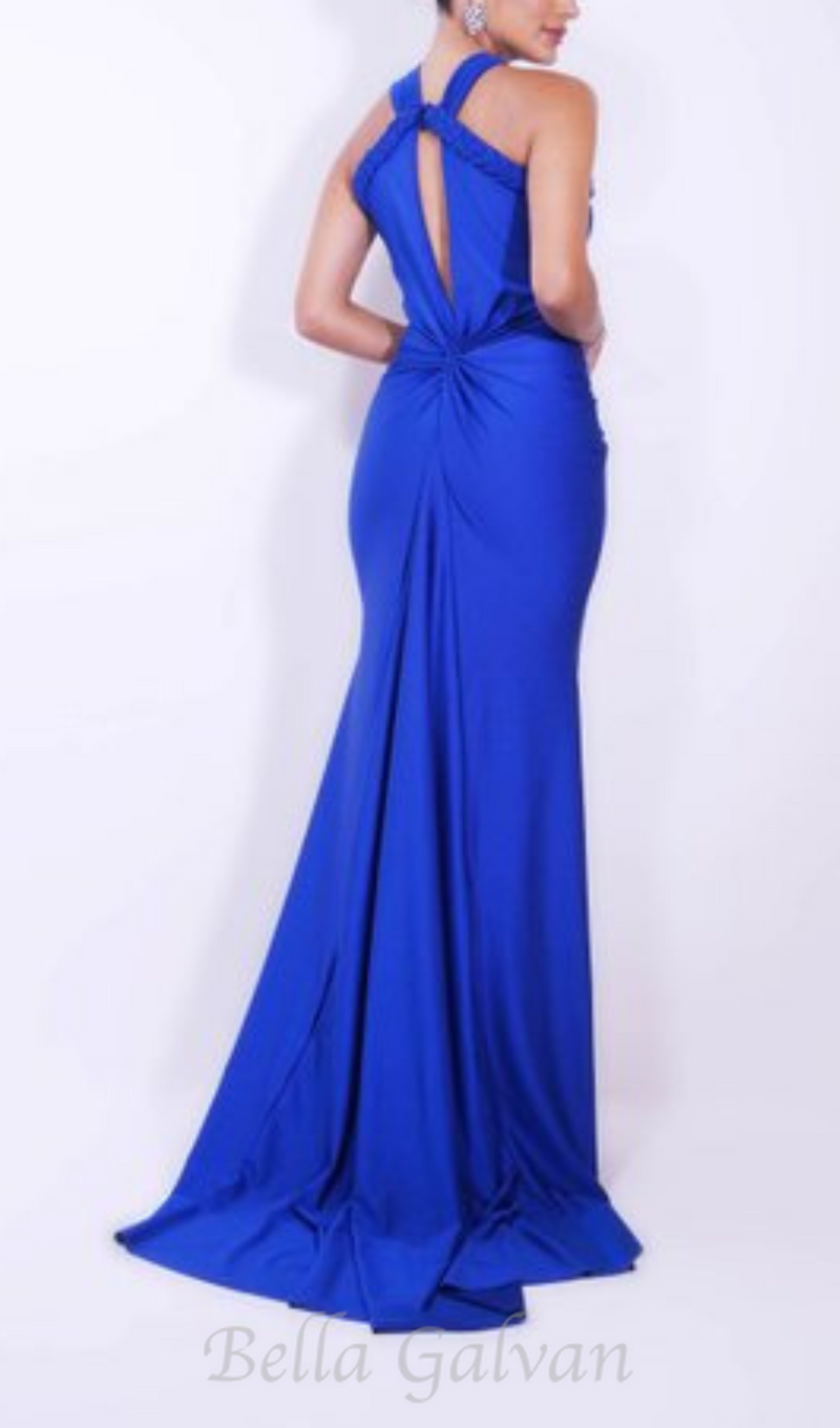 BEVERLY BRAID EMBELLISHED RUCHED HALTER GOWN IN BLUE