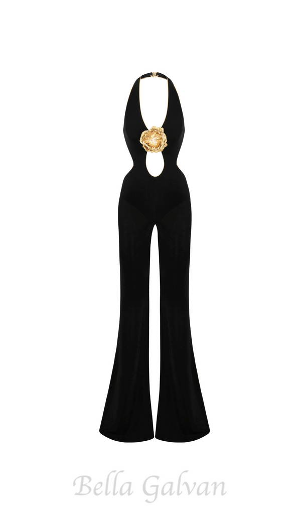 CHRISTINE BLACK JUMPSUIT WITH GOLD FLOWER DETAILS