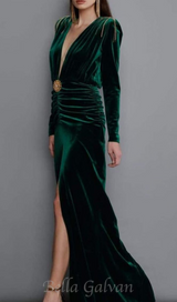 PHILIPPPA VELVET TASSEL V-NECK MAXI DRESS IN GREEN