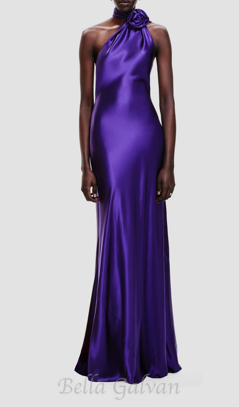 satin wrap halter gown with flower in purple