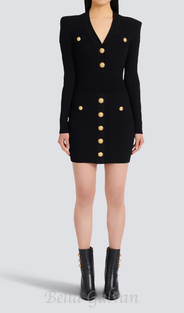 TARA BLACK SHORT KNITTED MINI DRESS WITH GOLD BUTTONS