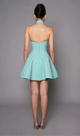 STAND COLLAR BACKLESS MINI DRESS IN GREEN