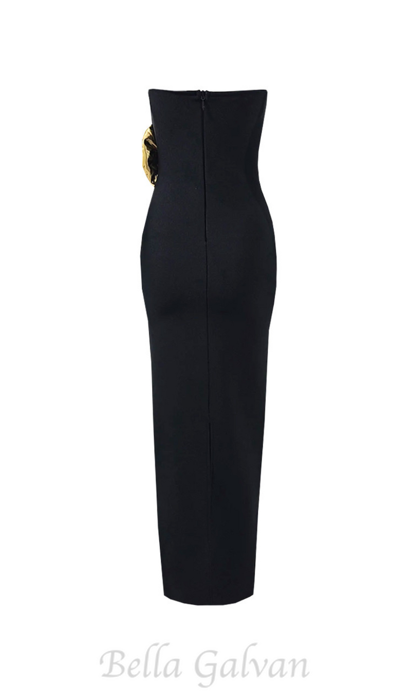 EILEEN BLACK STRAPLESS GOLD ROSE EMBELLISHED MIDI DRESS