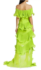 DORA GREEN OFF-SHOULDER PLEATED ORGANZA MAXI DRESS