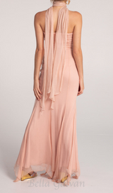 ALYSSA PINK HOLLOW BANDAGE STRAPLESS TULLE MAXI DRESS