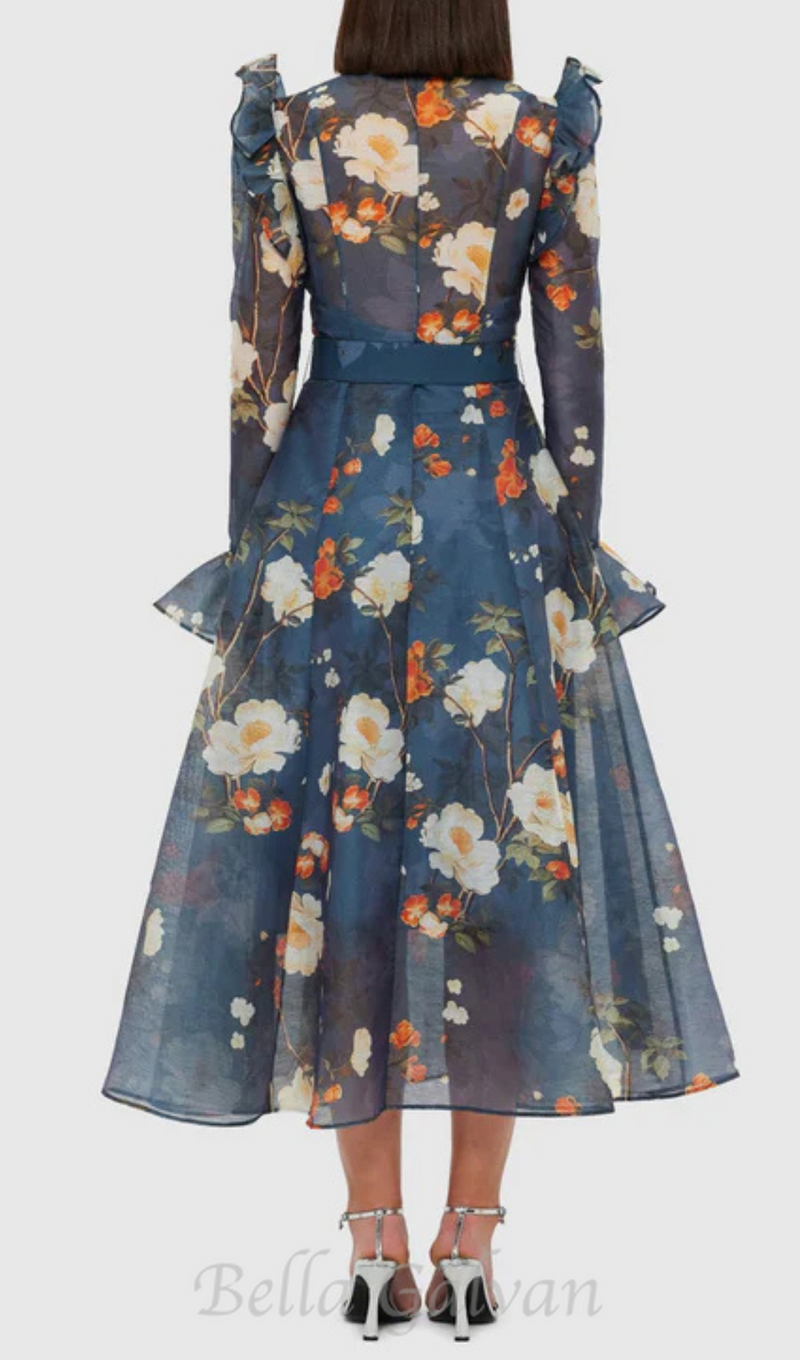 Pear Blossom Print Butterfly Sleeve Midi Dress