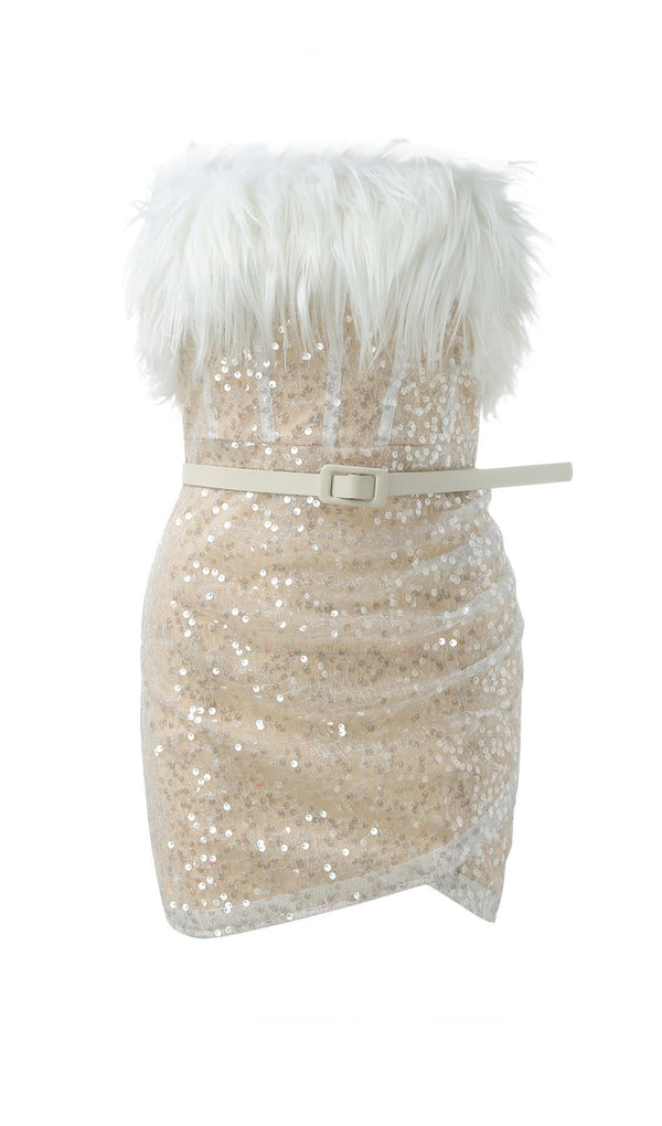 STRAPLESS SEQUIN FEATHER MINI DRESS