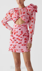 PETAL PRINT CUTOUT MINI DRESS IN PINK