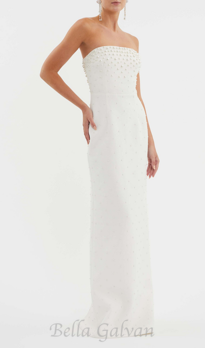 pearl-embellished strapless gown in white