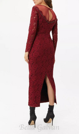 lace hollow maxi dress in red