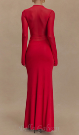 Slinky Mesh Long Sleeve Maxi Dress in Ruby