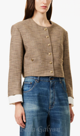 Round-neck houndstooth-pattern woven jacket in Bruns