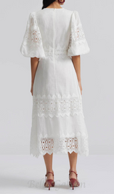 HAZEL WHITE EMBROIDERED ROUND NECK PUFF SLEEVE MIDI DRESS