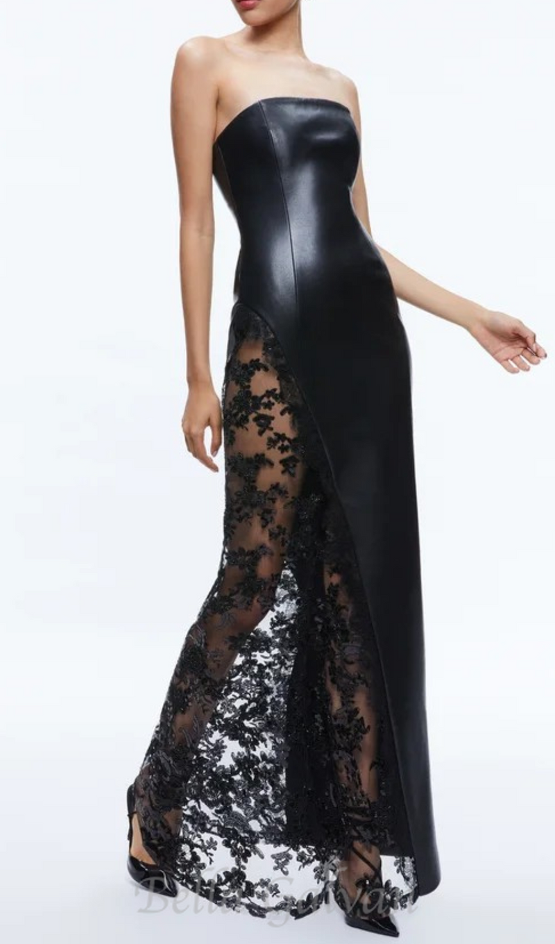 Retha Faux Leather Lace Maxi Dress in black