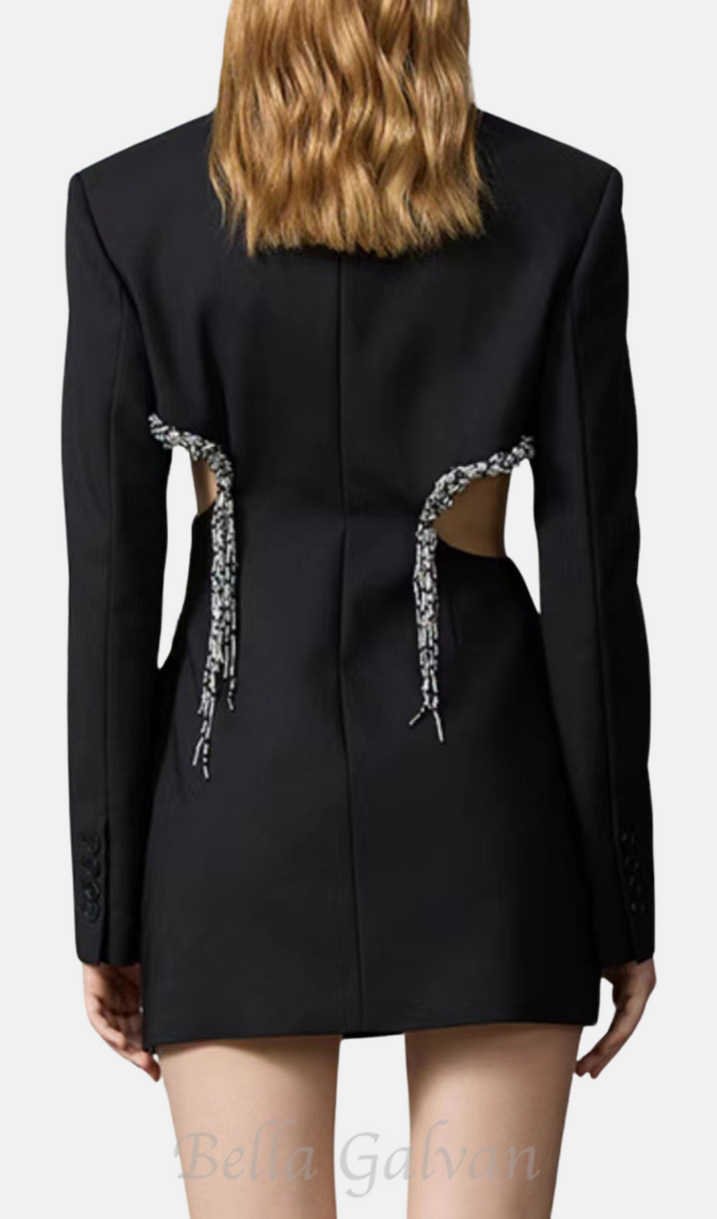 crystal-embellished cut out blazer dress in black