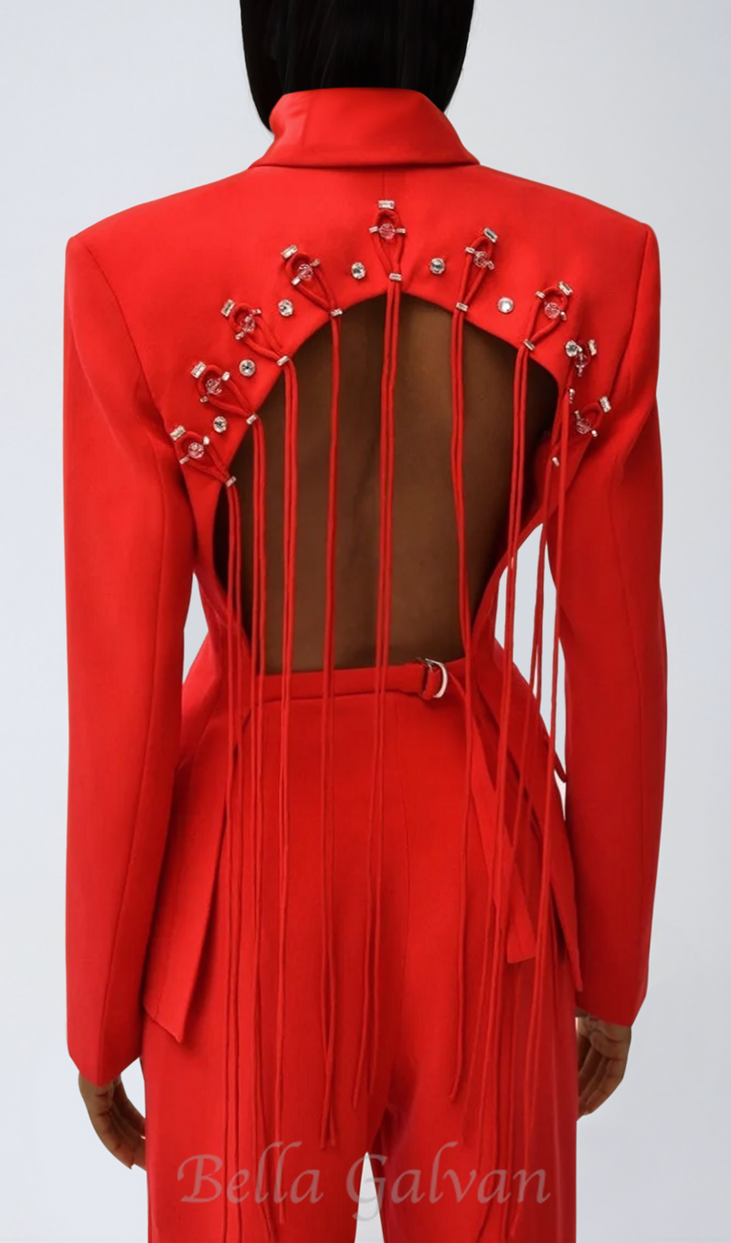 Vienna Cutout Fringe Backless Blazer In Red