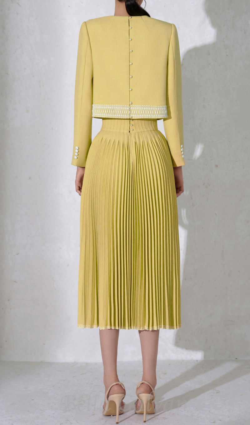 draped top pleat skirt set in yellow