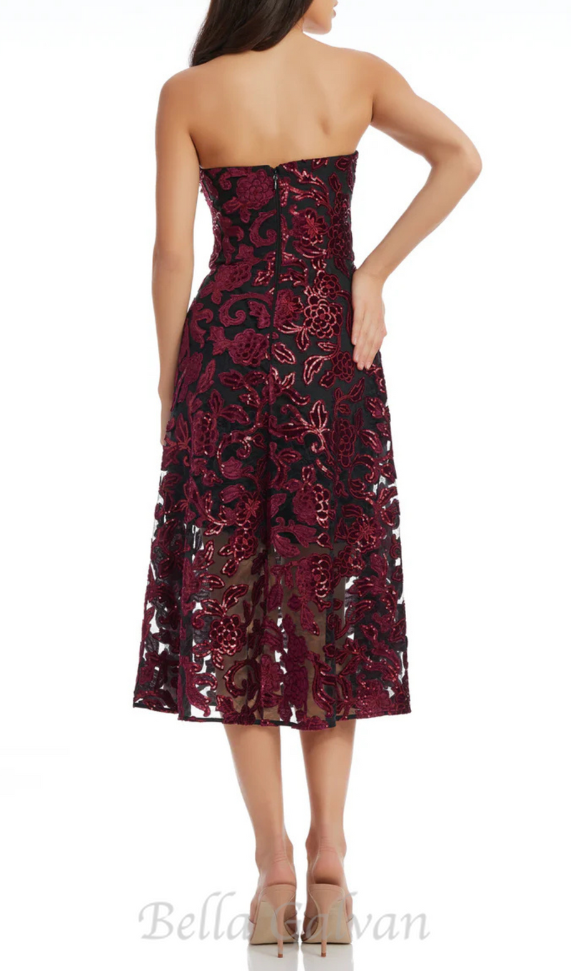 floral print strapless bustier midi dress in burgundy