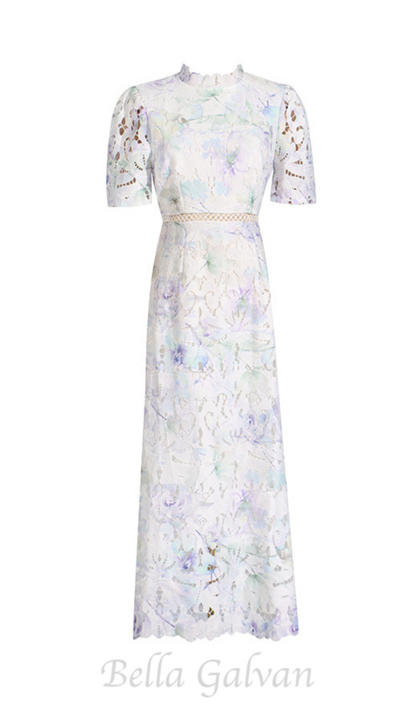 LACE PUFF SLEEVE STAND COLLAR MIDI DRESS IN WHITE