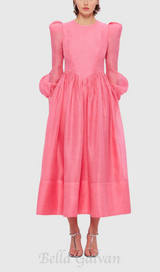 DELIA PINK LANTERN SLEEVE ROUND NECK MIDI DRESS