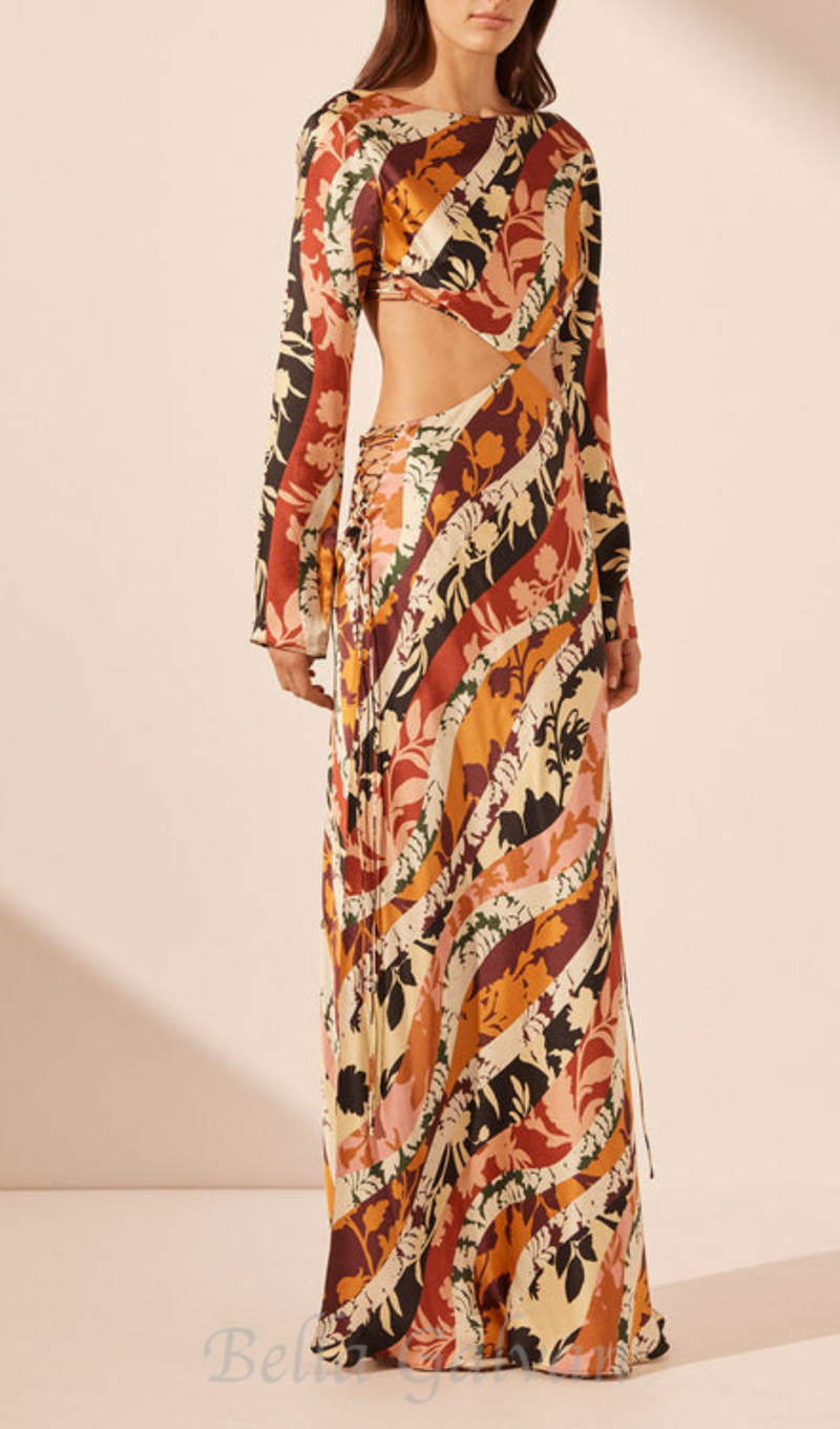 CATHERINE PRINTED CUT-OUT MAXI DRESS IN ORANGE