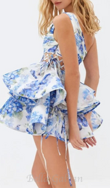 GAIL BLUE FLORAL PRINTED ONE-SHOULDER MINI CHIFFON DRESS