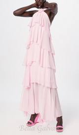 layer-embellished Neckholder maxi dress in pink